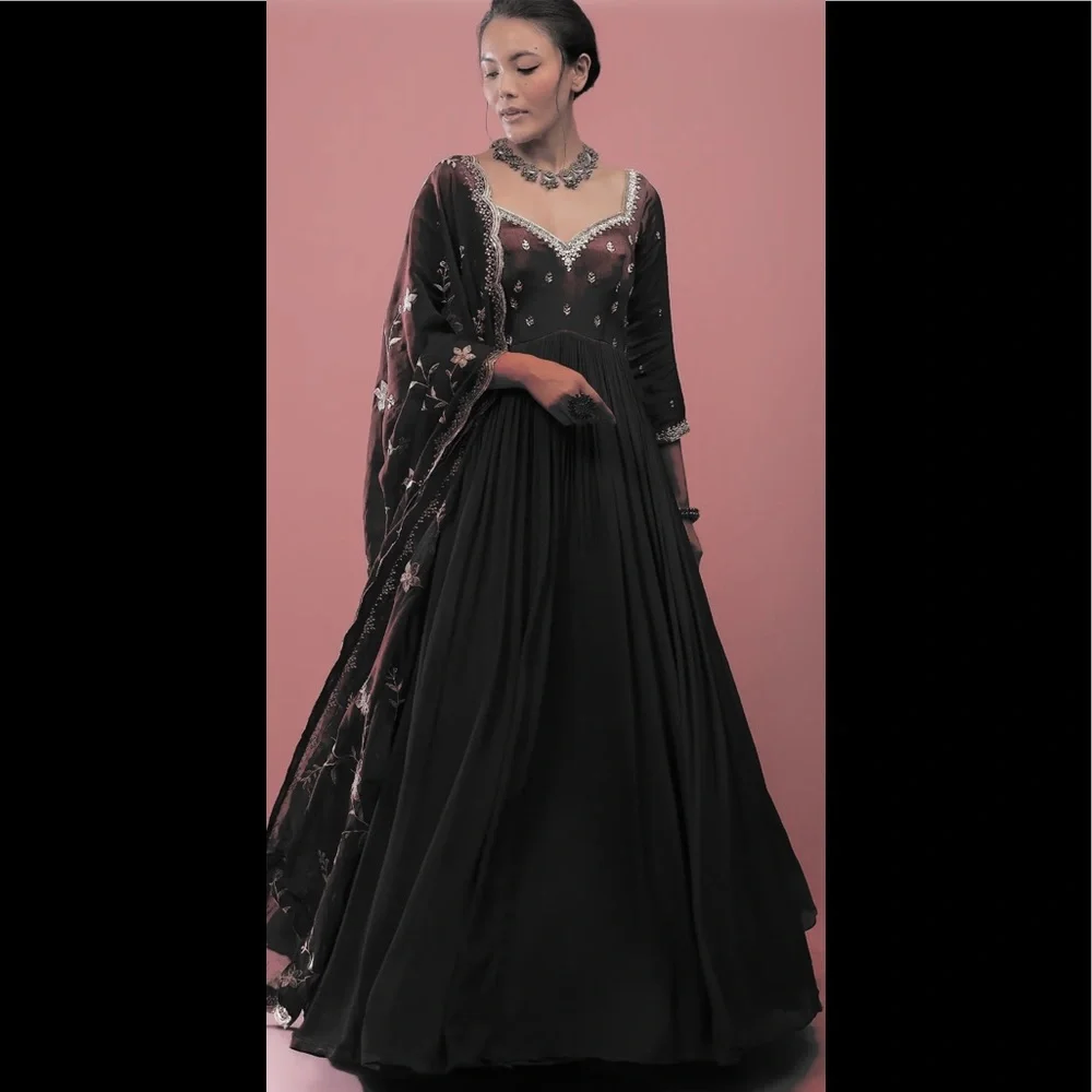 Grey Anarkali Suit In Chinon With Queen Style Embroidered Bodice In Zardosi Work - Picture 3 of 8